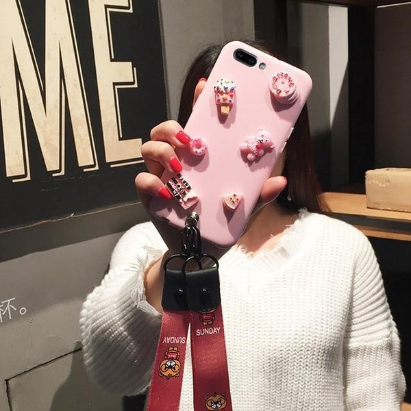 3D Cute Bear DIY Candy Case For Samsung Galaxy A7 2018 A8 A6 Plus A9 Pro 2018 A9 Star Cartoon Lanyard Cover Kawaii Soft TPU Case