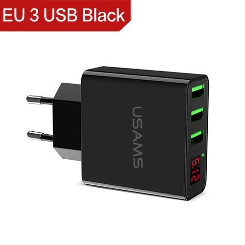 USAMS 3 Port USB Phone Charger LED Display EU Plug Total Max 3.4A Smart Fast Charger Mobile Wall Charger for iPhone iPad Samsung